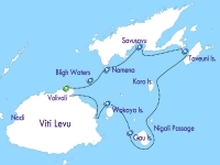 Карта маршрута 11-дневного дайв-сафари в центральной части Фиджи к группе островов Ломаивити (Lomaiviti Island), через регион «Воды Блая» (Bligh Waters), до острова Тавеуни (Taveuni Island) и пролива Сомосомо (Somosomo Strait).