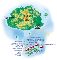 Карта дайв-сайтов на маршруте Gau, Wakaya & Kadavu Islands