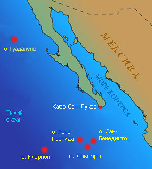 Дайвинг в Мексике, карта: острова Сокорро и Гуадалупе.